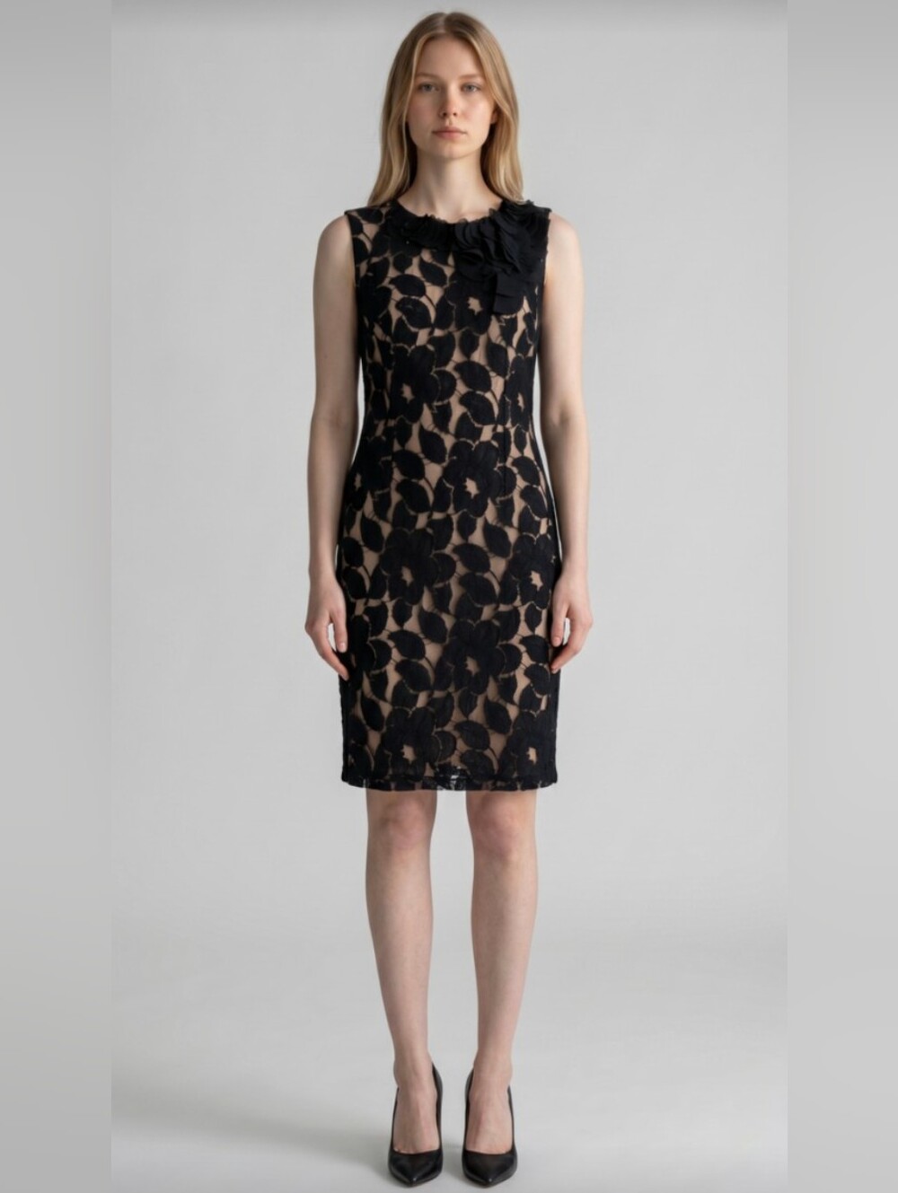 LIV! SILHOUETTE BLACK LEAVES OVER NUDE CHIFFON FLUTTERY NECK DETAIL DRESS! SZ 12